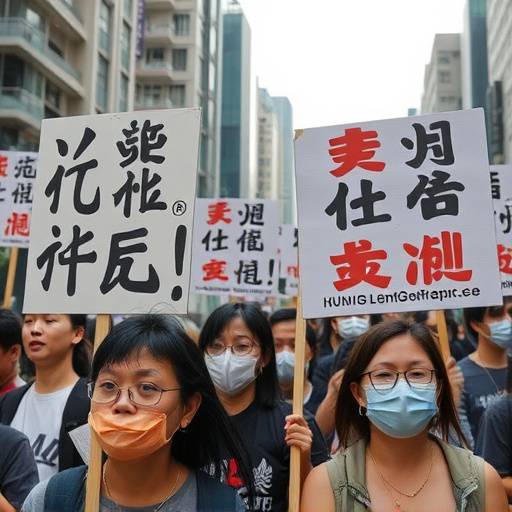 Foto di una protesta a Hong Kong con manifestanti che tengono cartelli