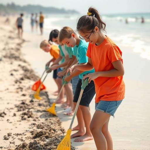 Giovani volontari che puliscono una spiaggia