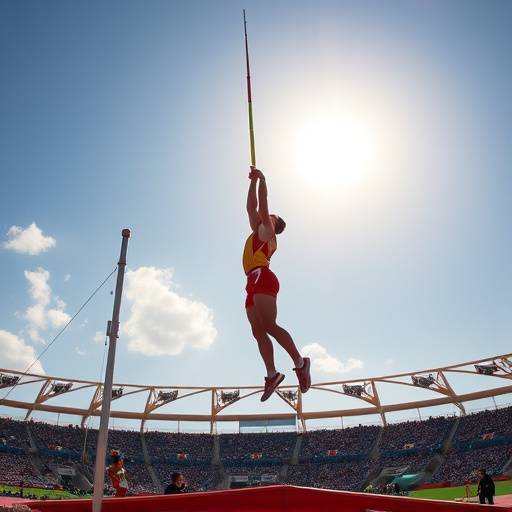 Immagine di un atleta che salta con l'asta durante una competizione di atletica leggera alle Olimpiadi