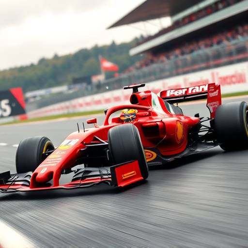 Immagine di una Ferrari di Formula 1 che sfreccia in pista durante il Gran Premio d'Italia a Monza