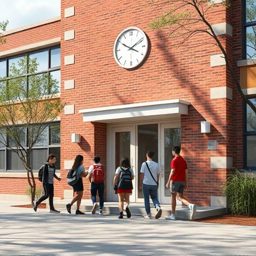 Un edificio scolastico con studenti che entrano