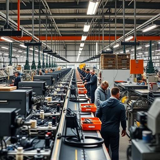 Un'immagine di una fabbrica con operai che lavorano alla catena di montaggio