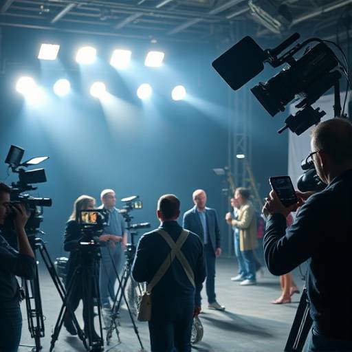 Un set cinematografico con luci, telecamere e attori che recitano.