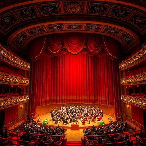 Un teatro d'opera con un sipario rosso alzato e un'orchestra che suona.