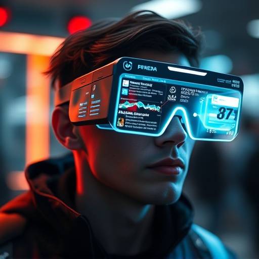 Una persona che indossa occhiali per la realt&agrave; aumentata con informazioni sovrapposte alla sua visione