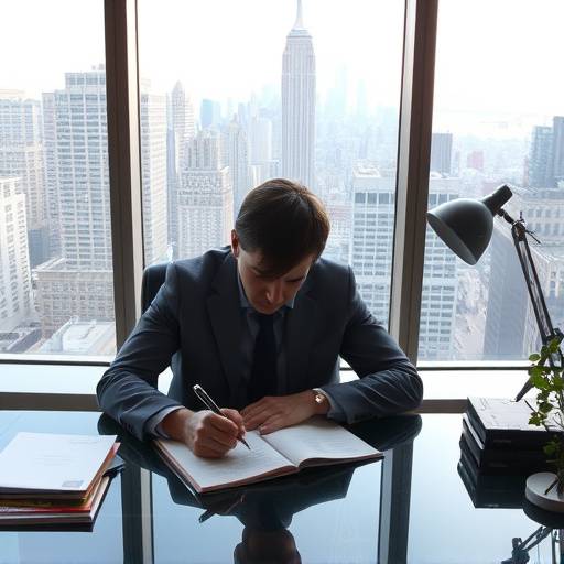 Uno scrittore che lavora alla sua scrivania, con una finestra che si affaccia su un paesaggio urbano.