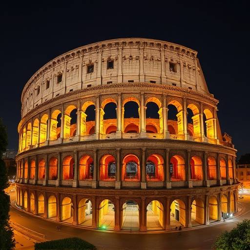Vista panoramica del Colosseo illuminato di notte a Roma